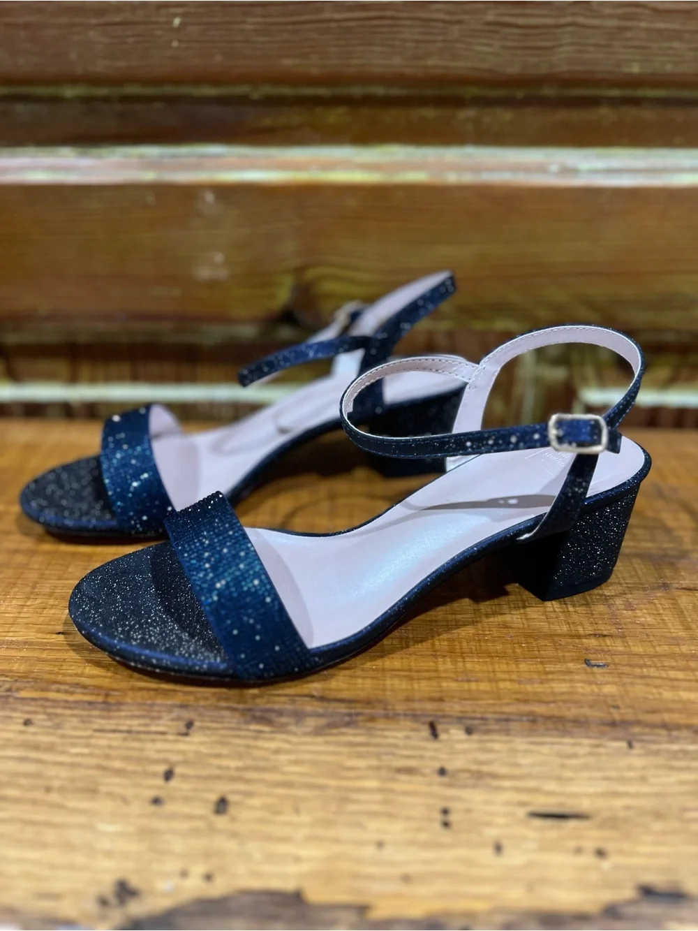 Sparkle Navy Ankle-Strap Block Heel Sandals